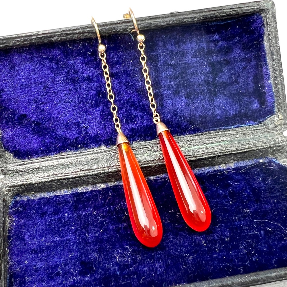 Edwardian Carnelian Chain Drop Earrings in 9CT Gold View III