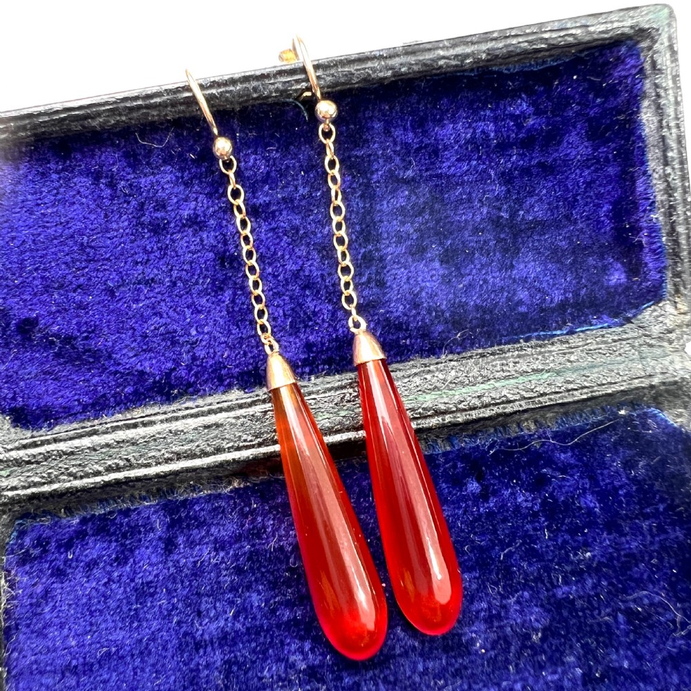 Edwardian Carnelian Chain Drop Earrings in 9CT Gold View IV