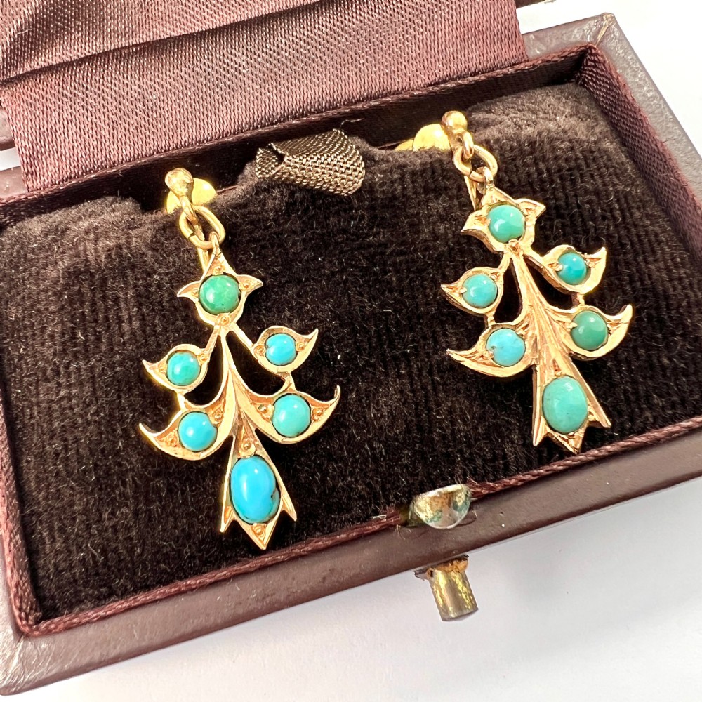 Victorian High Carat Gold Turquoise Screwback Earrings View II