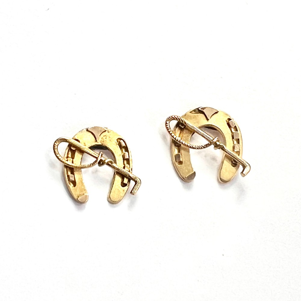 • Victorian Lucky Horseshoe and Crop Gold Stud Earrings View II