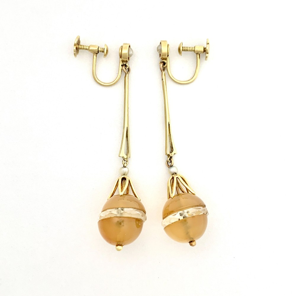 • Edwardian 15CT Gold Chalcedony, Pearl and Rock Crystal Egg Earrings