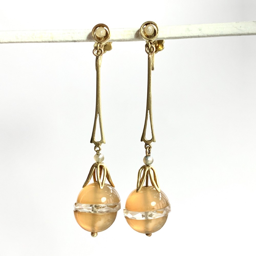 • Edwardian 15CT Gold Chalcedony, Pearl and Rock Crystal Egg Earrings View II