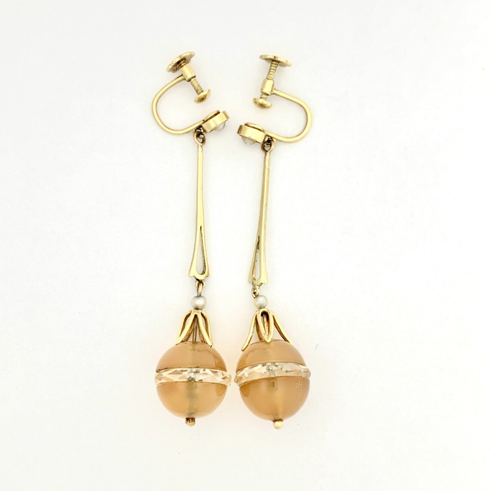 • Edwardian 15CT Gold Chalcedony, Pearl and Rock Crystal Egg Earrings View III