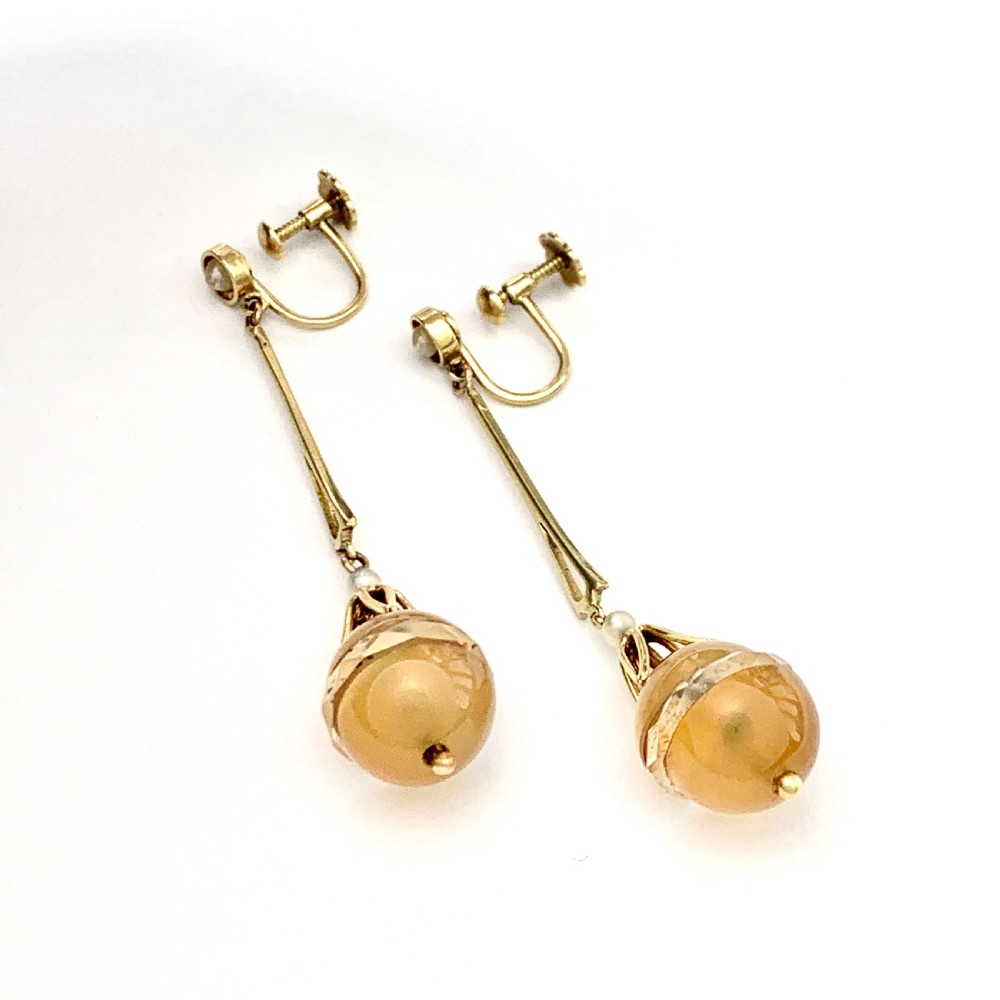 • Edwardian 15CT Gold Chalcedony, Pearl and Rock Crystal Egg Earrings View IV