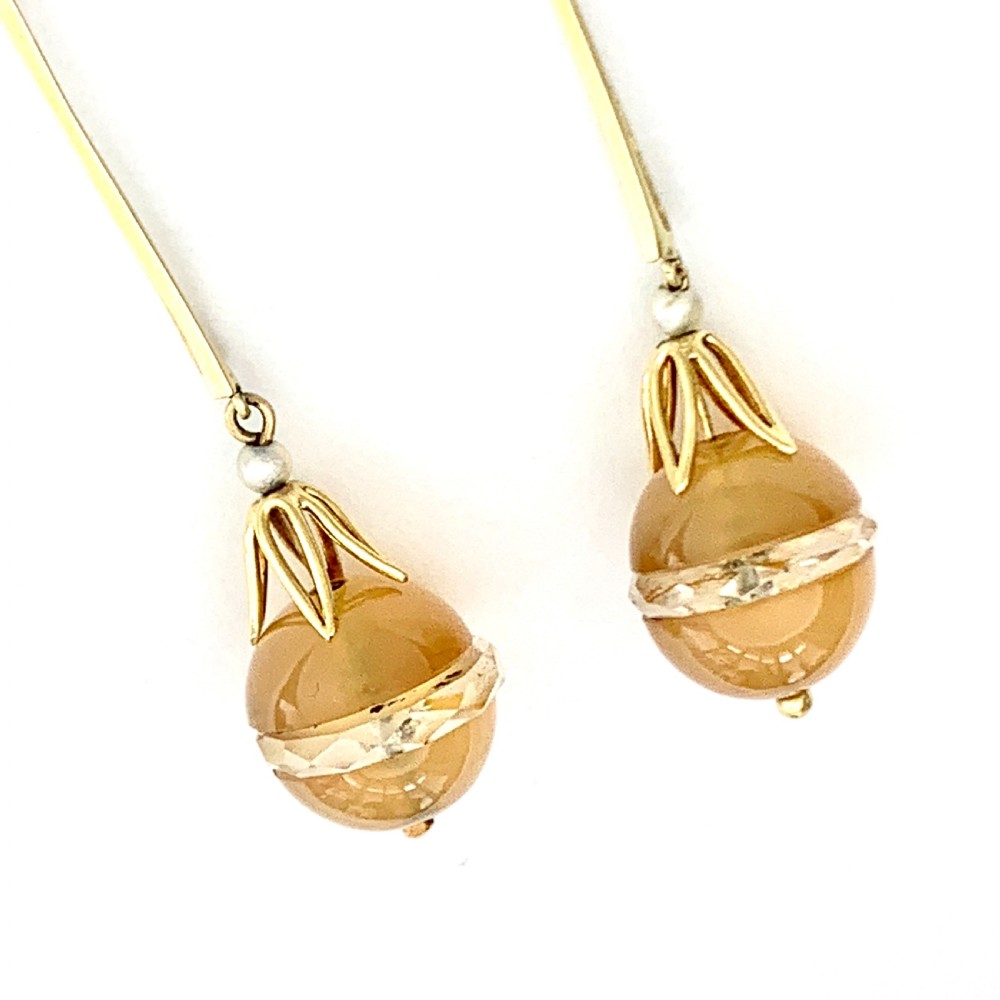 • Edwardian 15CT Gold Chalcedony, Pearl and Rock Crystal Egg Earrings View V