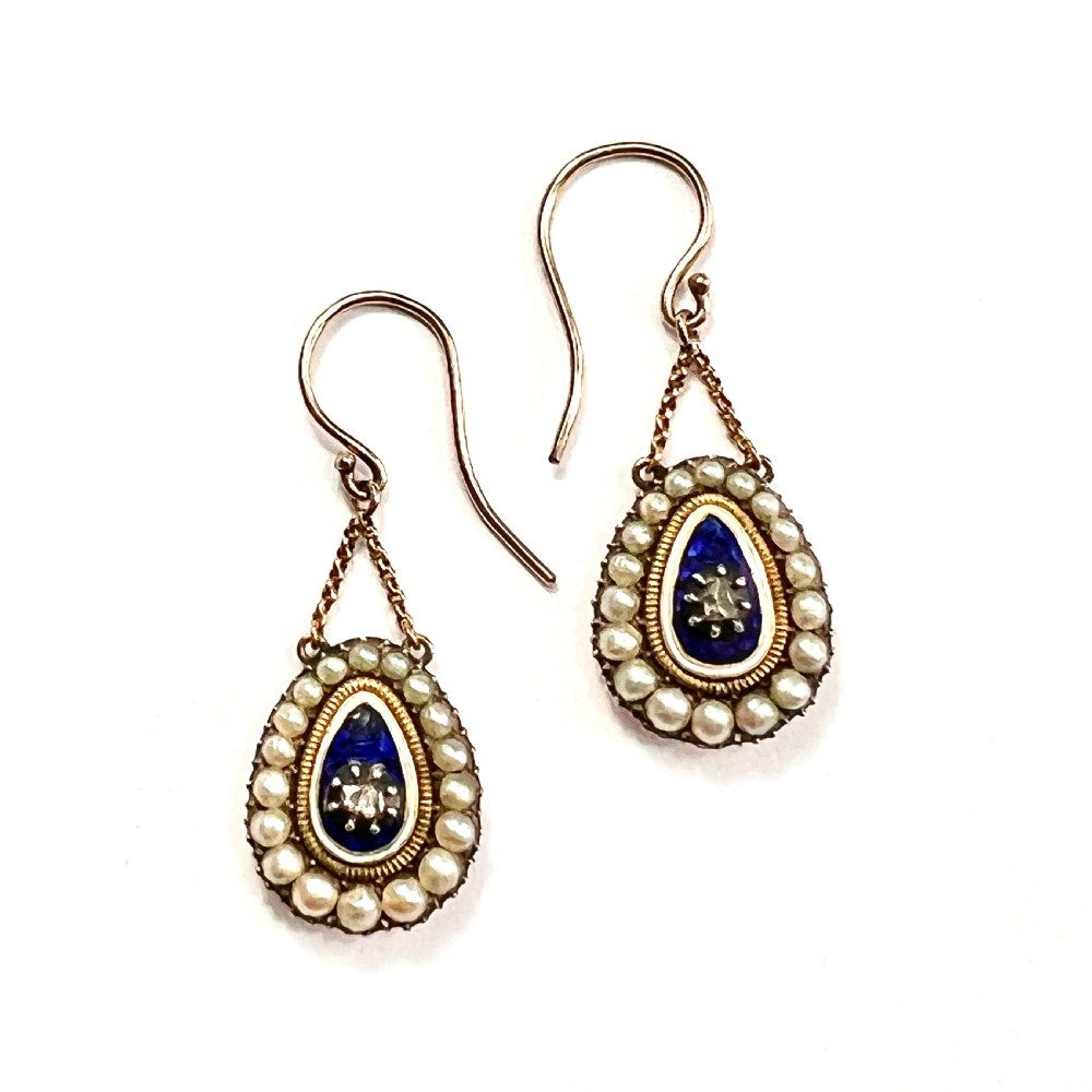 • Georgian Diamond and Pearl Blue Enamel Chain Drop Earrings