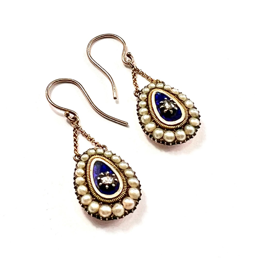 • Georgian Diamond and Pearl Blue Enamel Chain Drop Earrings View II