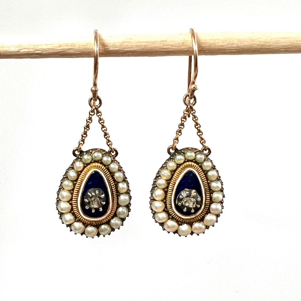 • Georgian Diamond and Pearl Blue Enamel Chain Drop Earrings View III