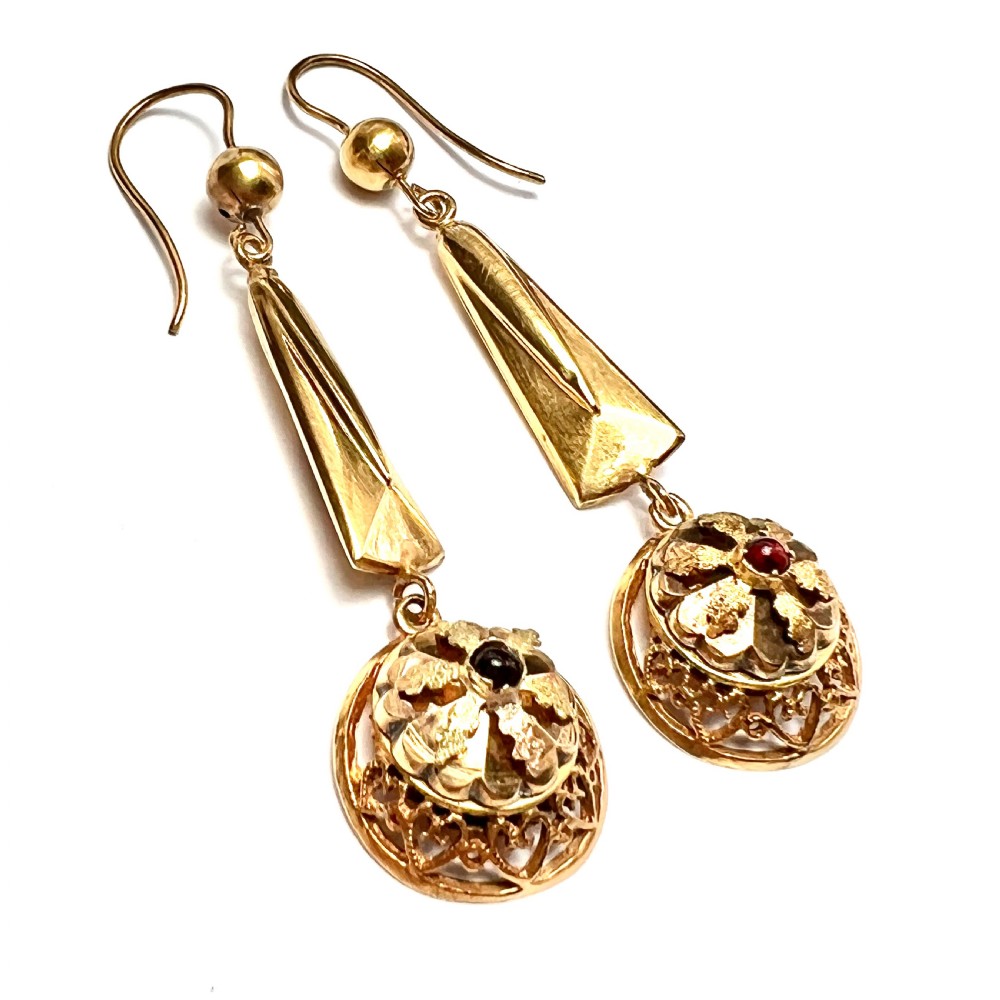 • Victorian Garnet Etruscan Revival 9CT Gold Earrings