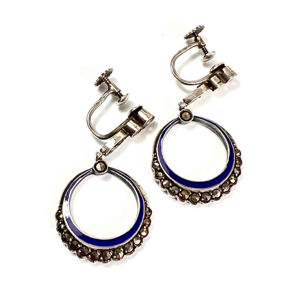 Art Deco Blue Enamel Marcasite Screwback Earrings