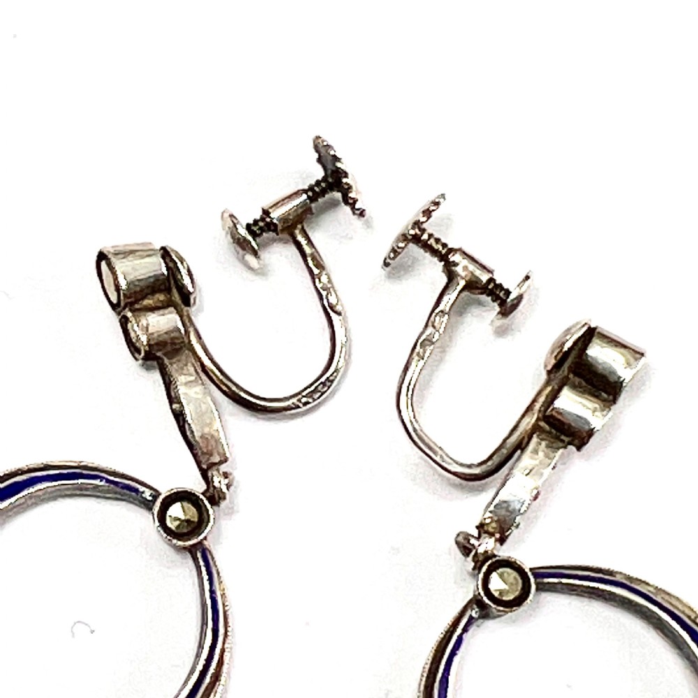 Art Deco Blue Enamel Marcasite Screwback Earrings View III