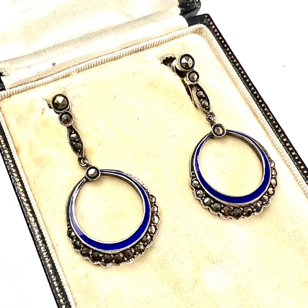 Art Deco Blue Enamel Marcasite Screwback Earrings View IV