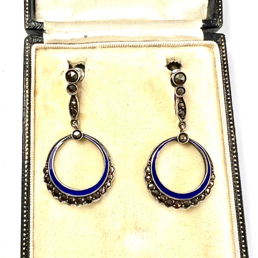 Art Deco Blue Enamel Marcasite Screwback Earrings View V