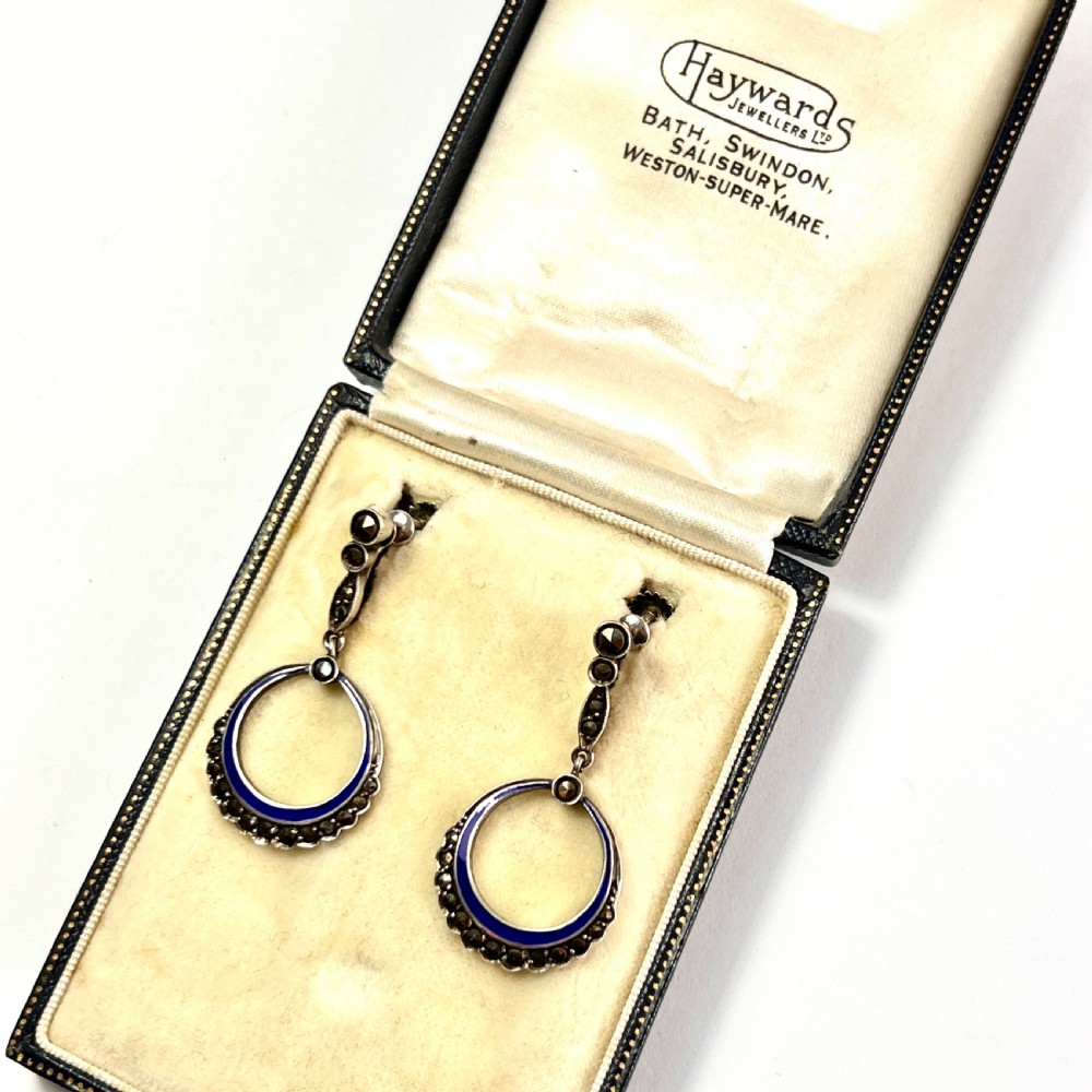 Art Deco Blue Enamel Marcasite Screwback Earrings View VI