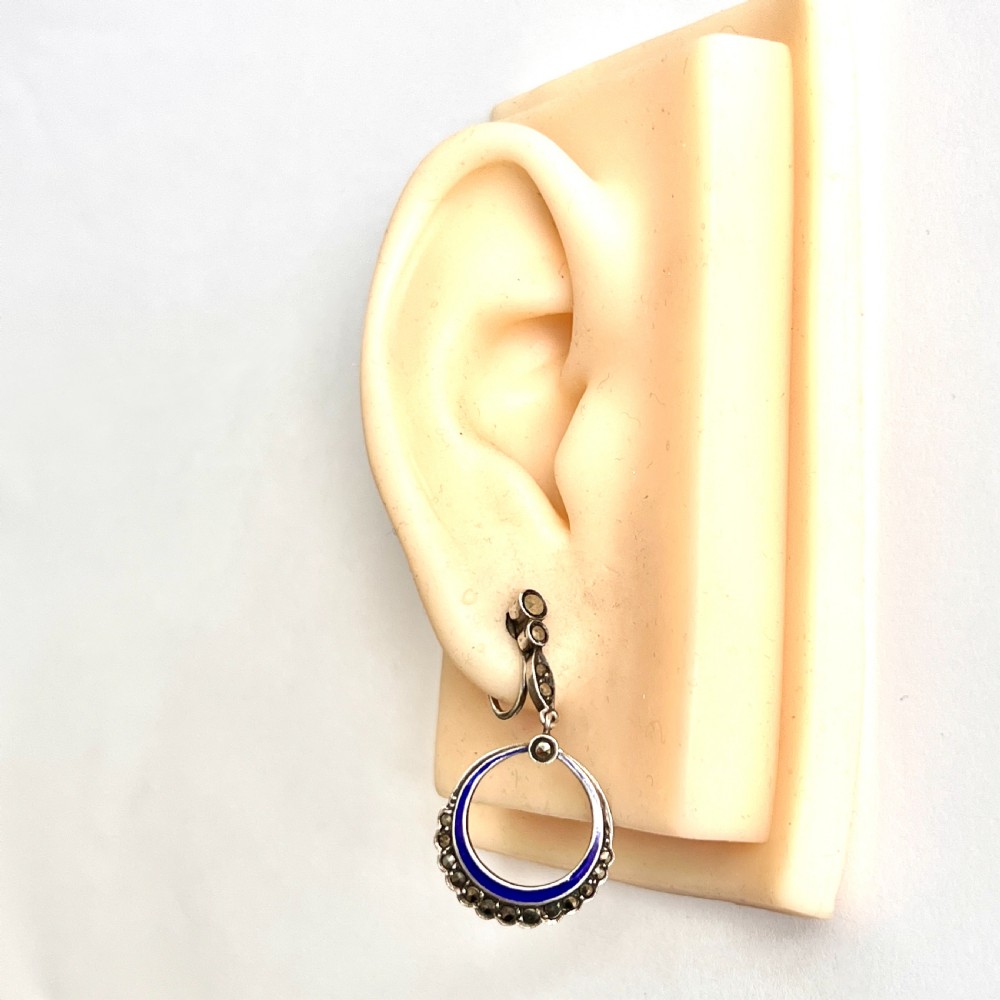 Art Deco Blue Enamel Marcasite Screwback Earrings View VII