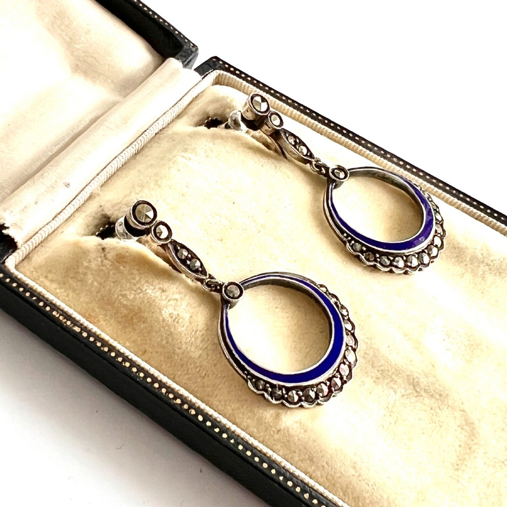 Art Deco Blue Enamel Marcasite Screwback Earrings View IX