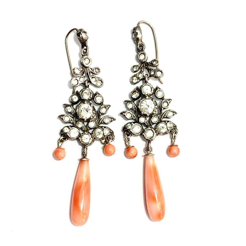Antique Silver Paste Coral Glass Chandelier Earrings