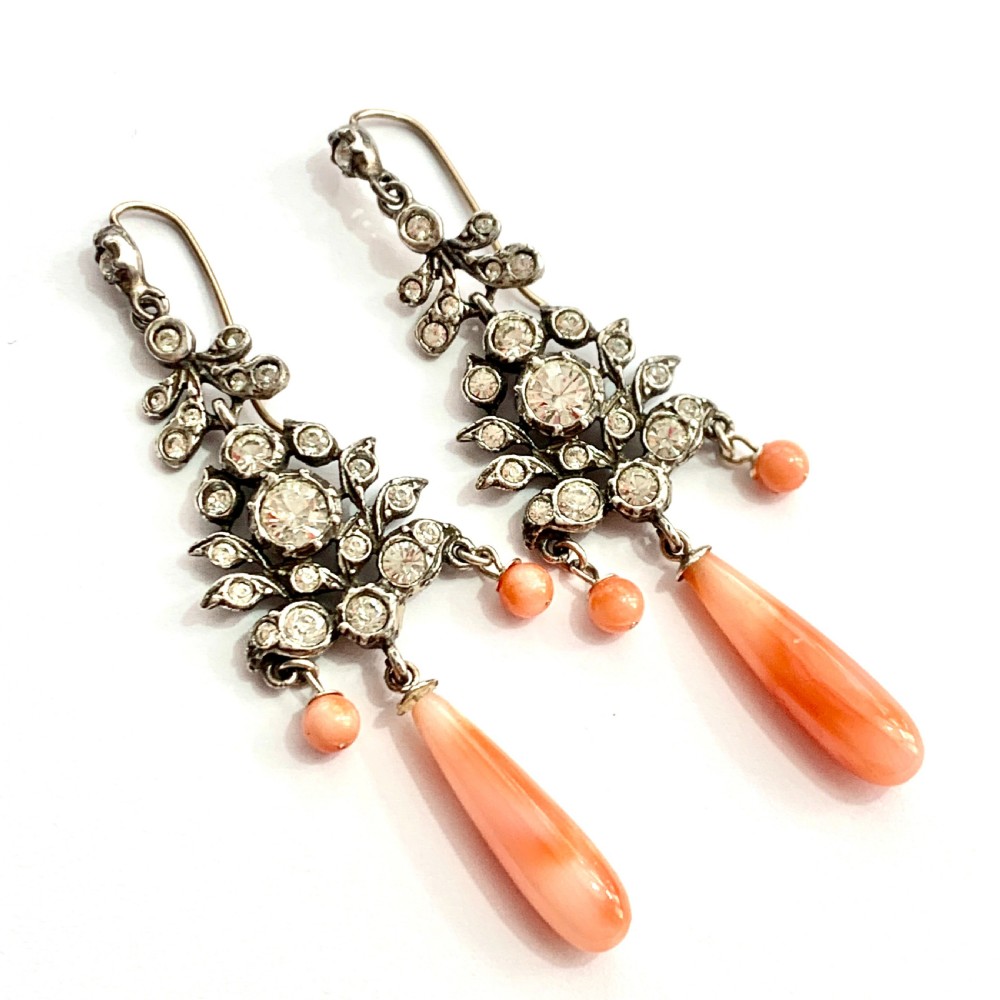Antique Silver Paste Coral Glass Chandelier Earrings View II