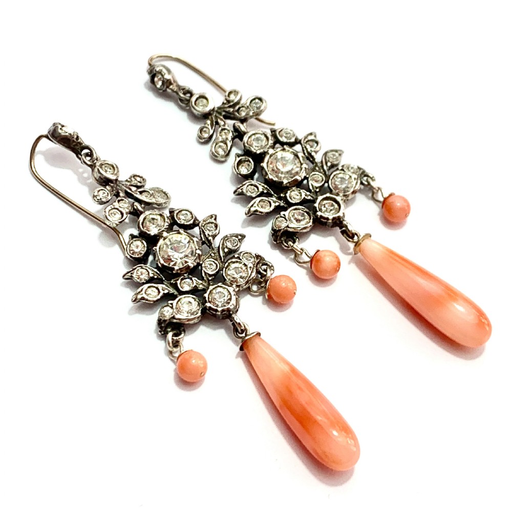 Antique Silver Paste Coral Glass Chandelier Earrings View III