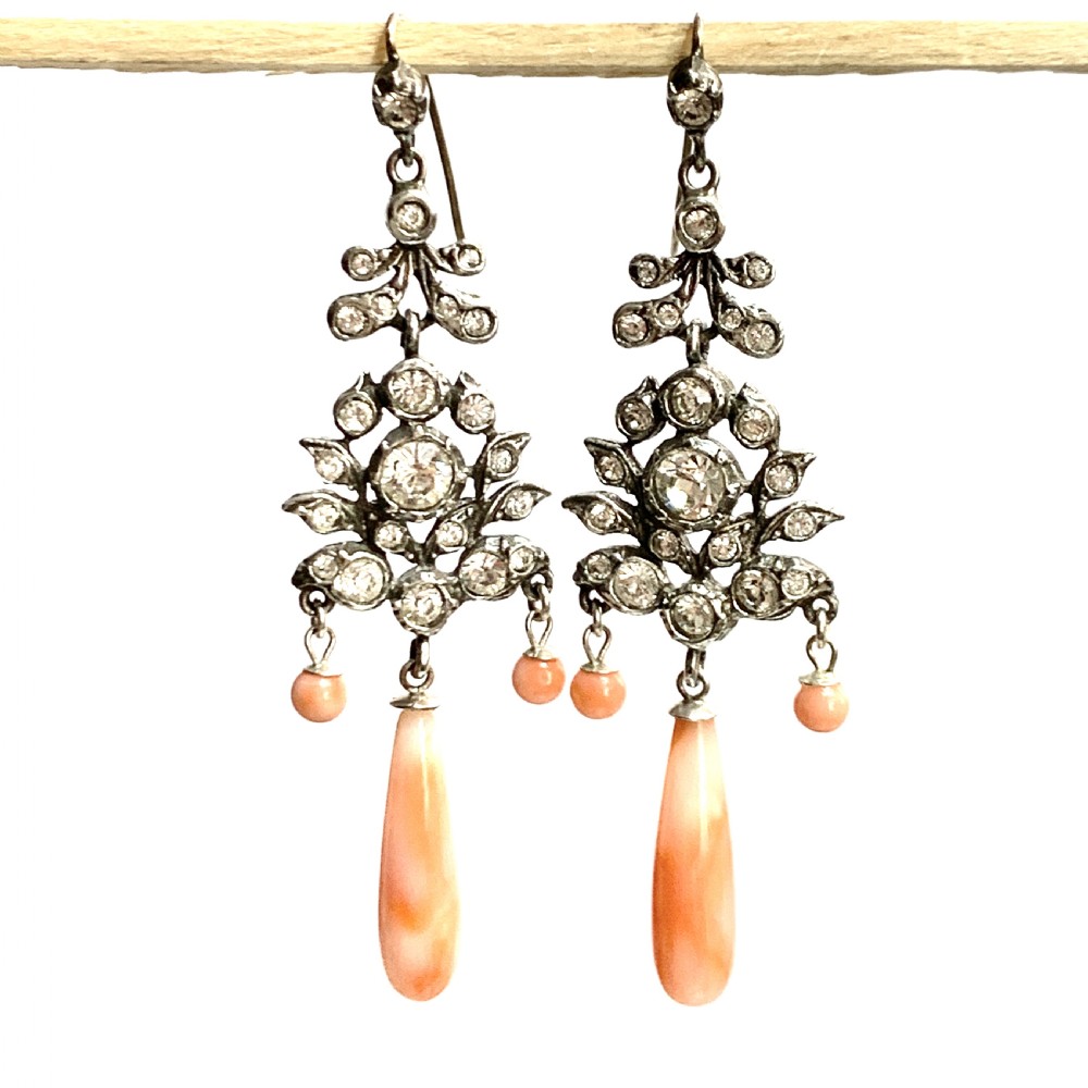 Antique Silver Paste Coral Glass Chandelier Earrings View IV