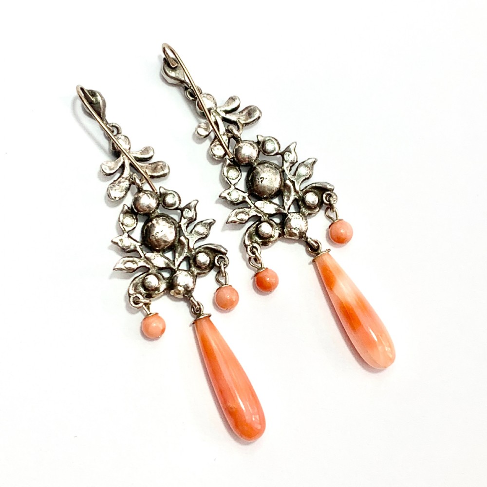 Antique Silver Paste Coral Glass Chandelier Earrings View V