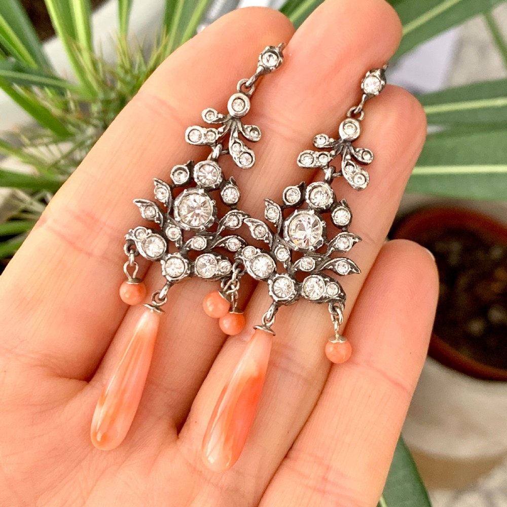 Antique Silver Paste Coral Glass Chandelier Earrings View VI