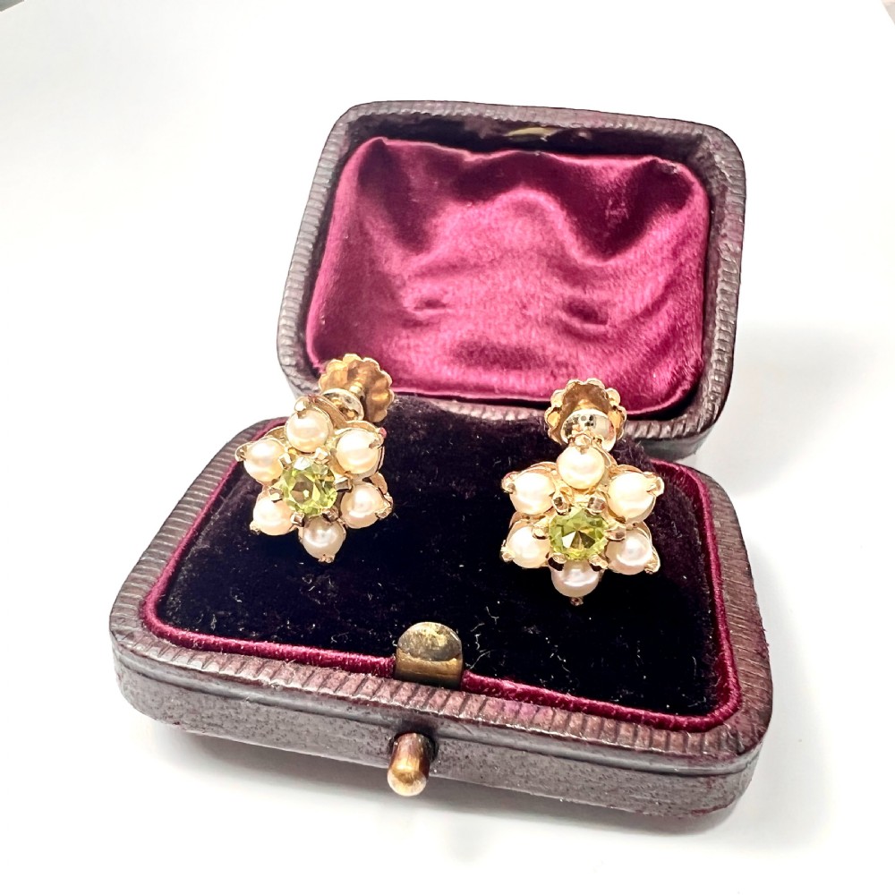 Vintage 9CT Gold Pearl and Peridot Flower Cluster Earrings
