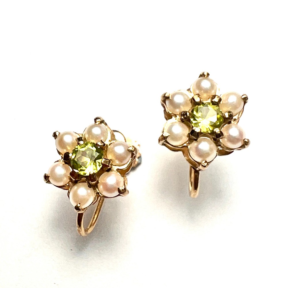 Vintage 9CT Gold Pearl and Peridot Flower Cluster Earrings View II