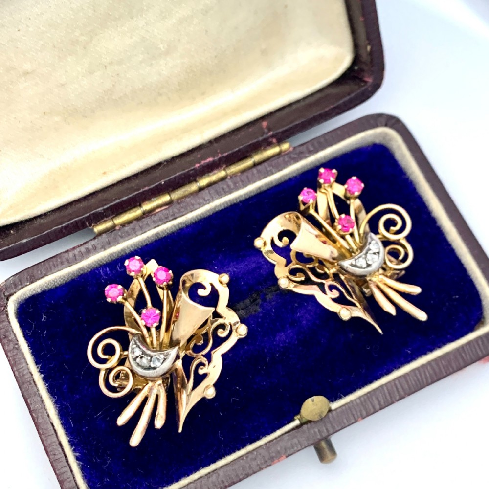 Vintage 18CT Gold Ruby and Diamond Ear Clips View II