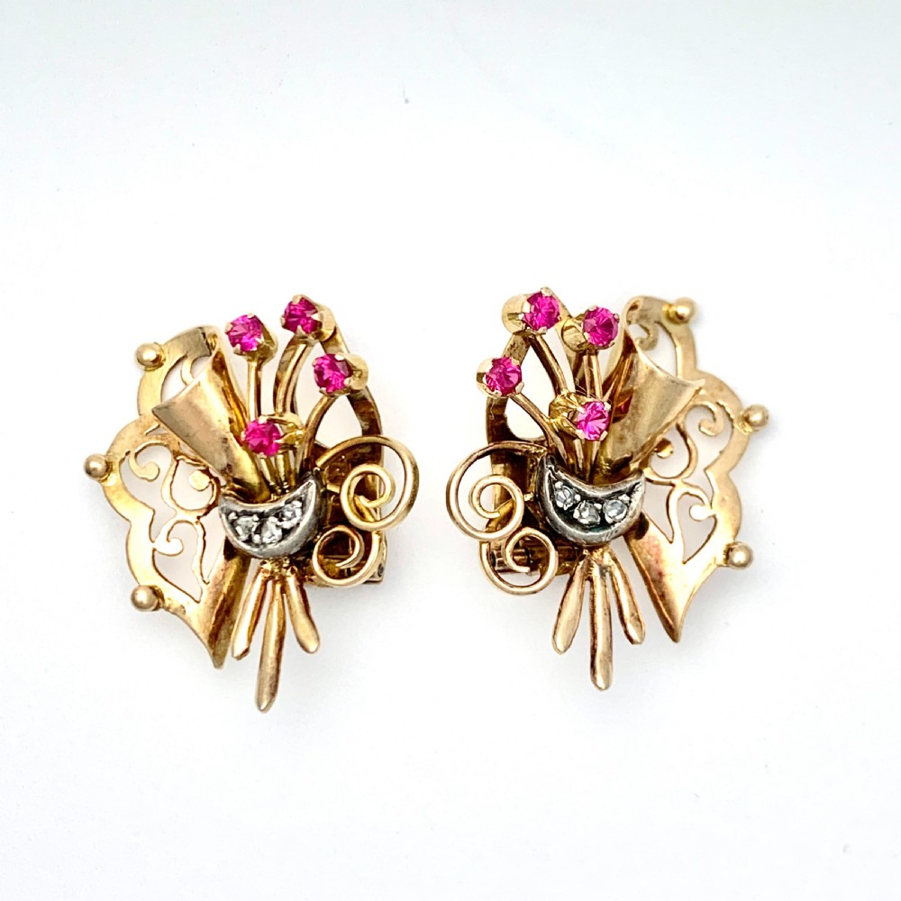 Vintage 18CT Gold Ruby and Diamond Ear Clips View III