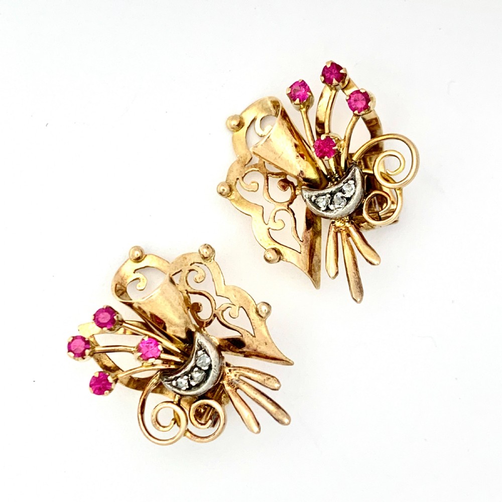 Vintage 18CT Gold Ruby and Diamond Ear Clips View V