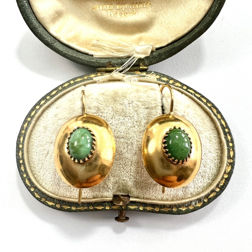 Vintage 14CT Gold Green Stone Dome Earrings