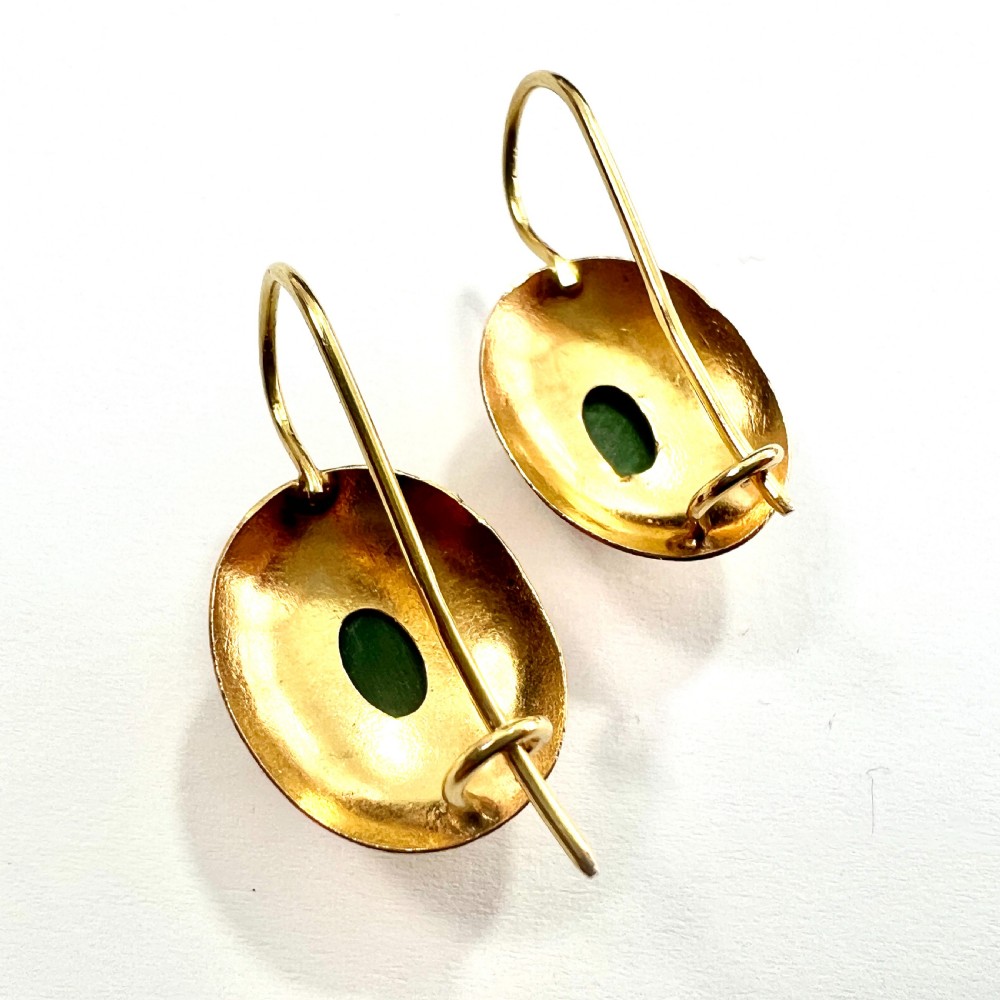 Vintage 14CT Gold Green Stone Dome Earrings View IV