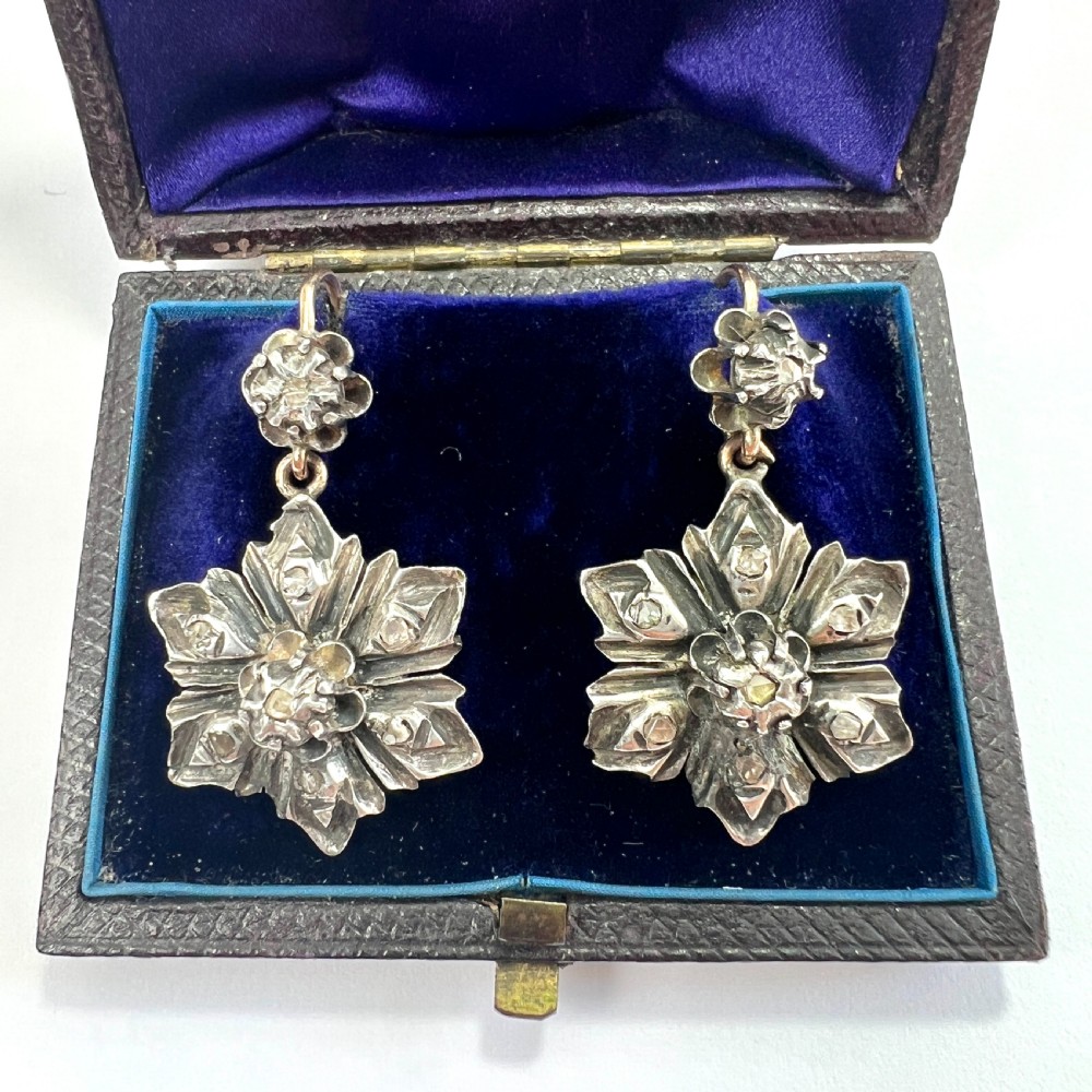 Silver and Gold Georgian Rose Cut Diamond Flower Earrings