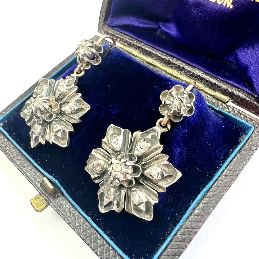 Silver and Gold Georgian Rose Cut Diamond Flower Earrings View II