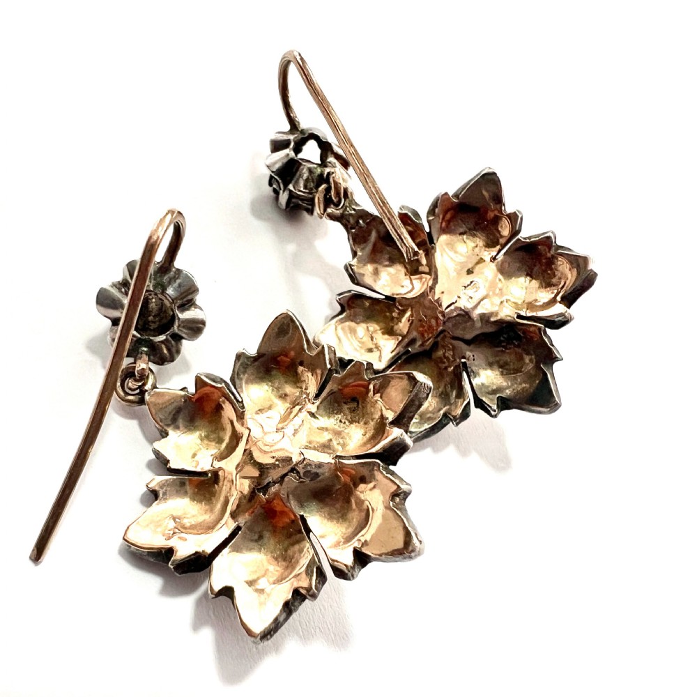 Silver and Gold Georgian Rose Cut Diamond Flower Earrings View III