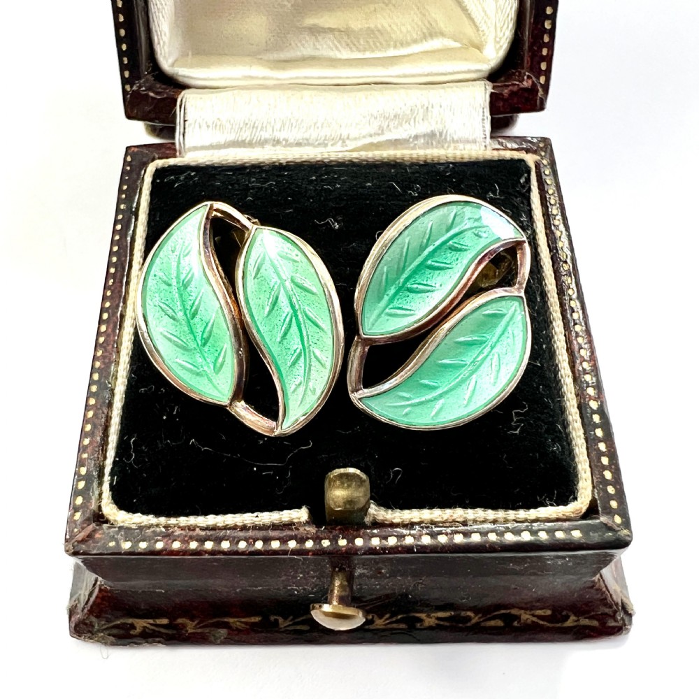 • Vintage David Andersen Green Leaf Enamel Silver Ear Clips View II