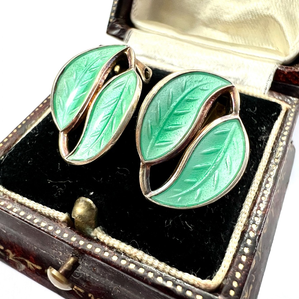 • Vintage David Andersen Green Leaf Enamel Silver Ear Clips View III