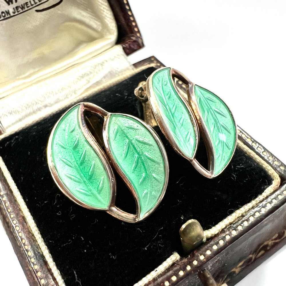 • Vintage David Andersen Green Leaf Enamel Silver Ear Clips View V