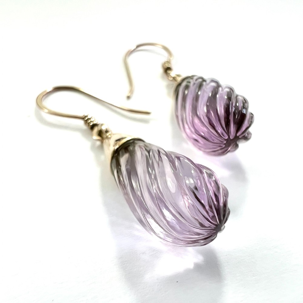 • Vintage Carved Amethyst Swirl 9CT Rose Gold Teardrop Earrings