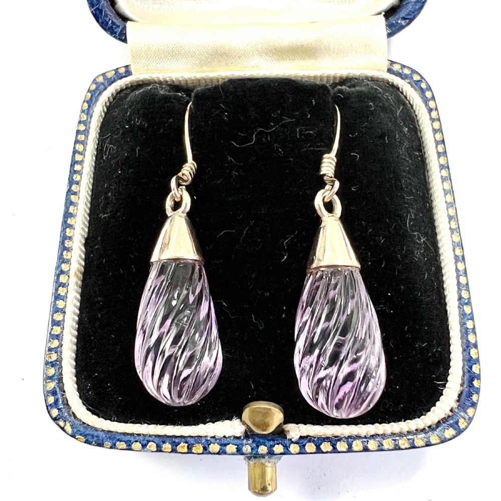 • Vintage Carved Amethyst Swirl 9CT Rose Gold Teardrop Earrings View II