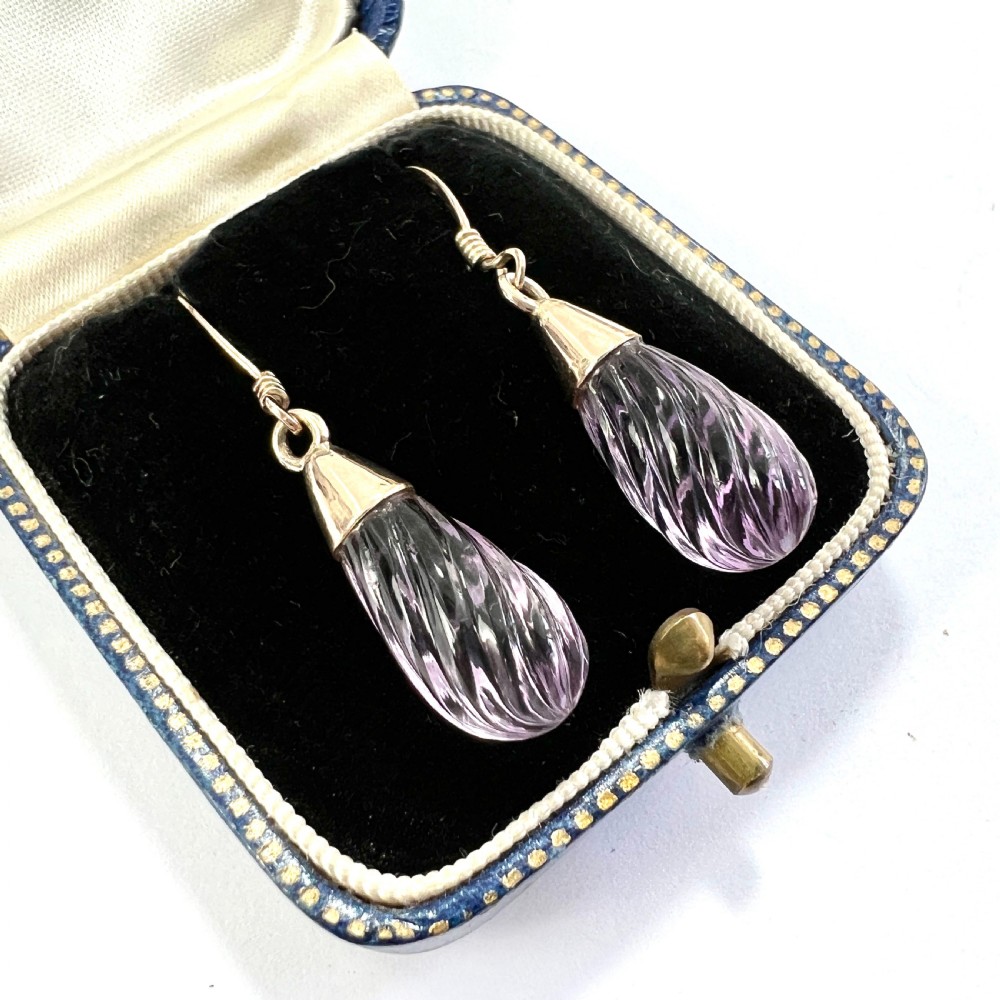 • Vintage Carved Amethyst Swirl 9CT Rose Gold Teardrop Earrings View III