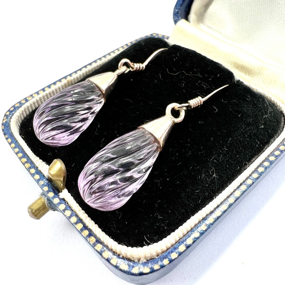 • Vintage Carved Amethyst Swirl 9CT Rose Gold Teardrop Earrings View V