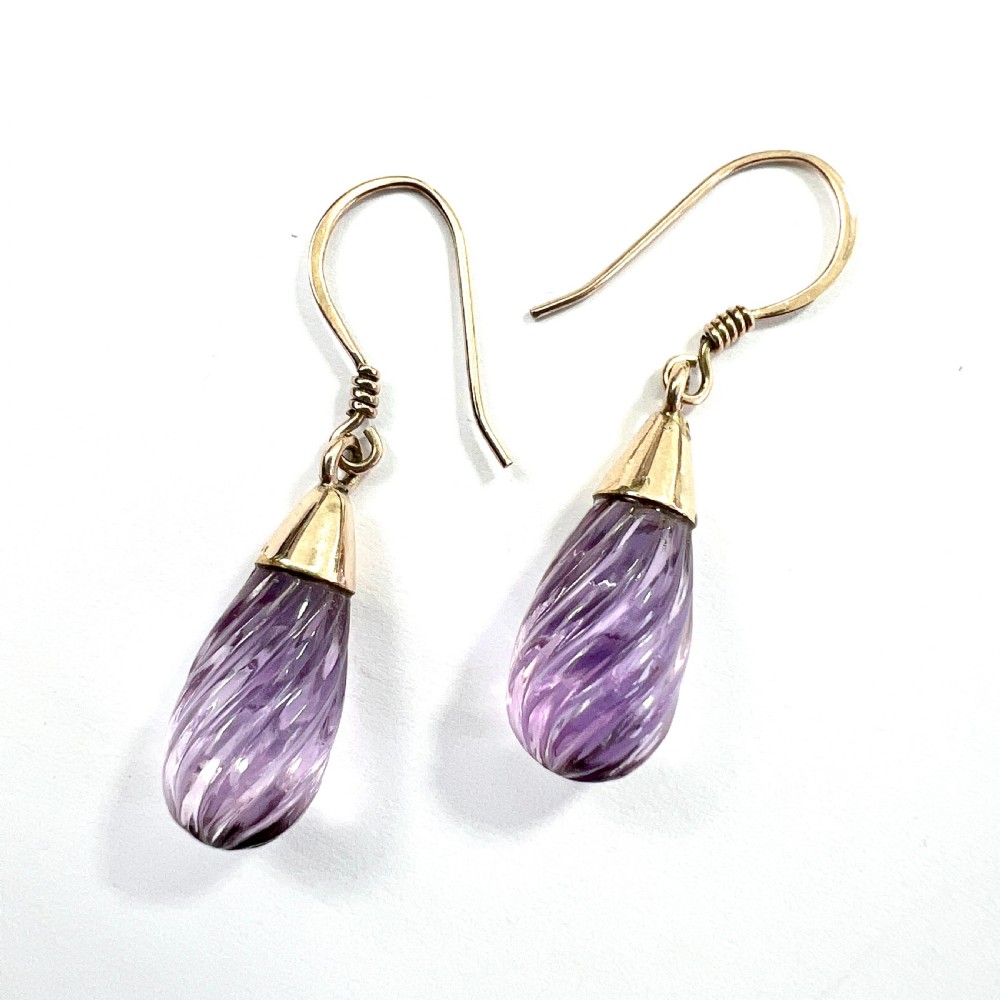 • Vintage Carved Amethyst Swirl 9CT Rose Gold Teardrop Earrings View VI