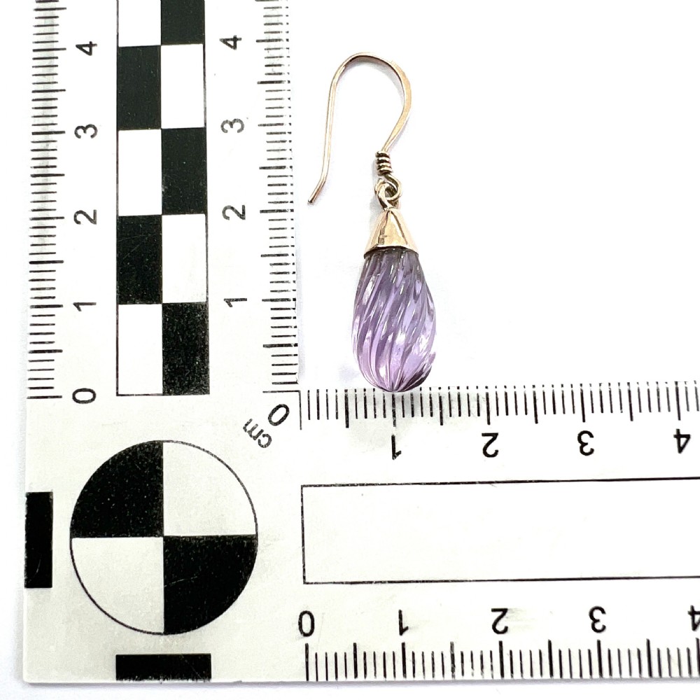 • Vintage Carved Amethyst Swirl 9CT Rose Gold Teardrop Earrings View VII
