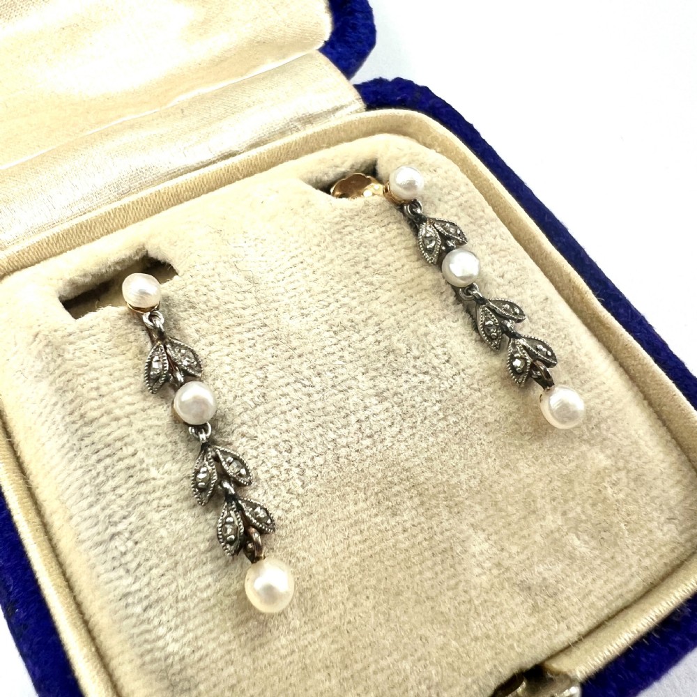 Edwardian Diamond and Pearl Silver and Gold Screwback Earrings View II