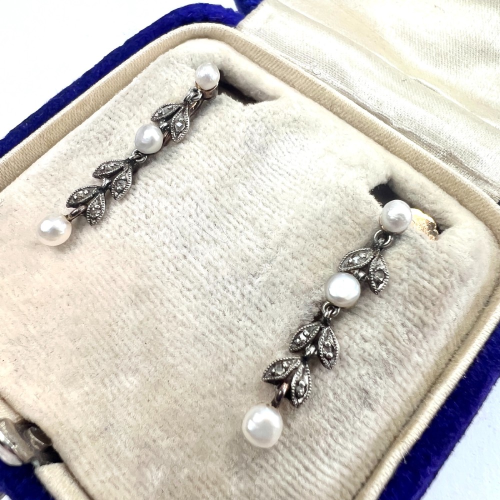 Edwardian Diamond and Pearl Silver and Gold Screwback Earrings View III