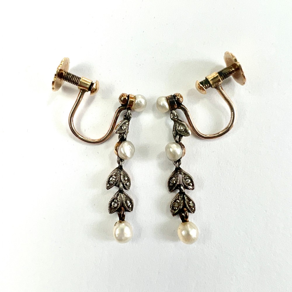 Edwardian Diamond and Pearl Silver and Gold Screwback Earrings View IV