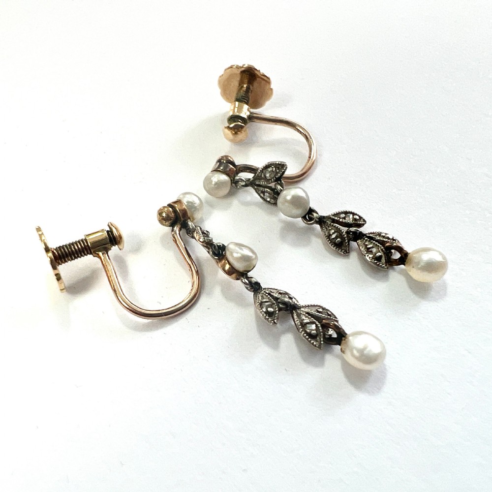 Edwardian Diamond and Pearl Silver and Gold Screwback Earrings View V