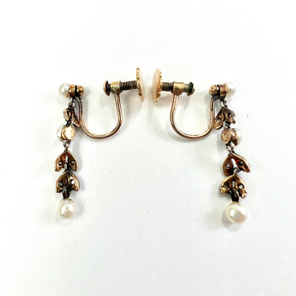Edwardian Diamond and Pearl Silver and Gold Screwback Earrings View VII